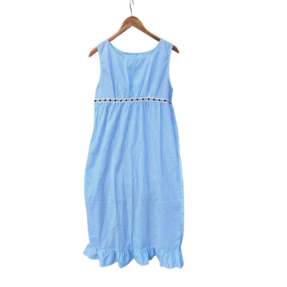 Prom'n Nod Blue Pinstripe Lace Empire Waist Ruffle Hem Nightgown Small - Picture 1 of 7